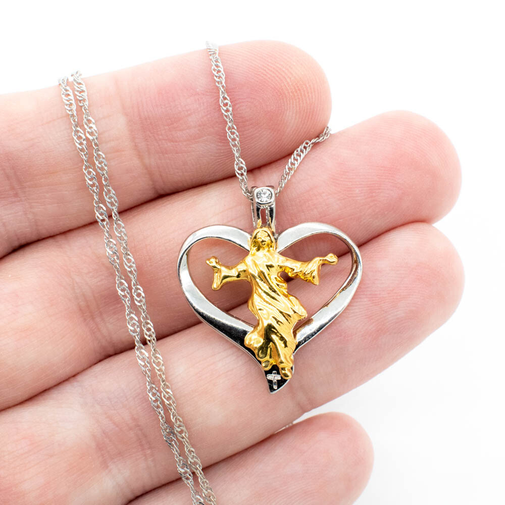 Jesus Christ Heart Pendant – 19″ Singapore Chain, Silver & Gold Necklace