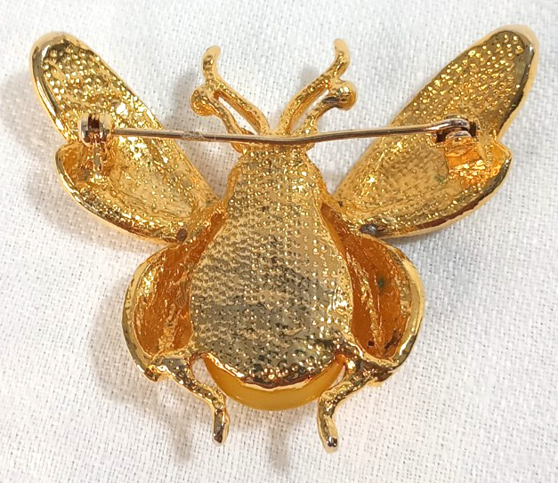 Bee Beetle Pin Brooch Enamel Rhinestones Cabochon Gold Tone Metal 2.5″ STATEMENT