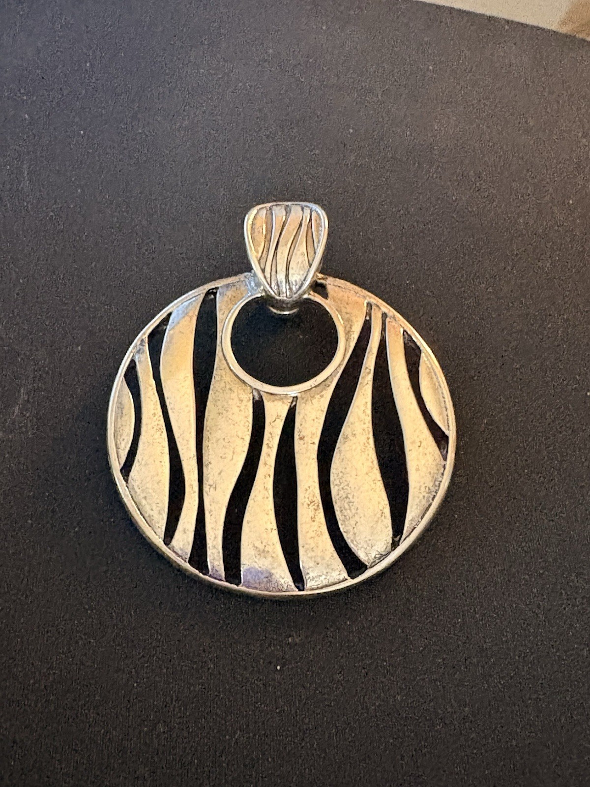 Premier Designs Silver Tone Round Zebra Stripe Charm Pendant w/ Bail- Metal