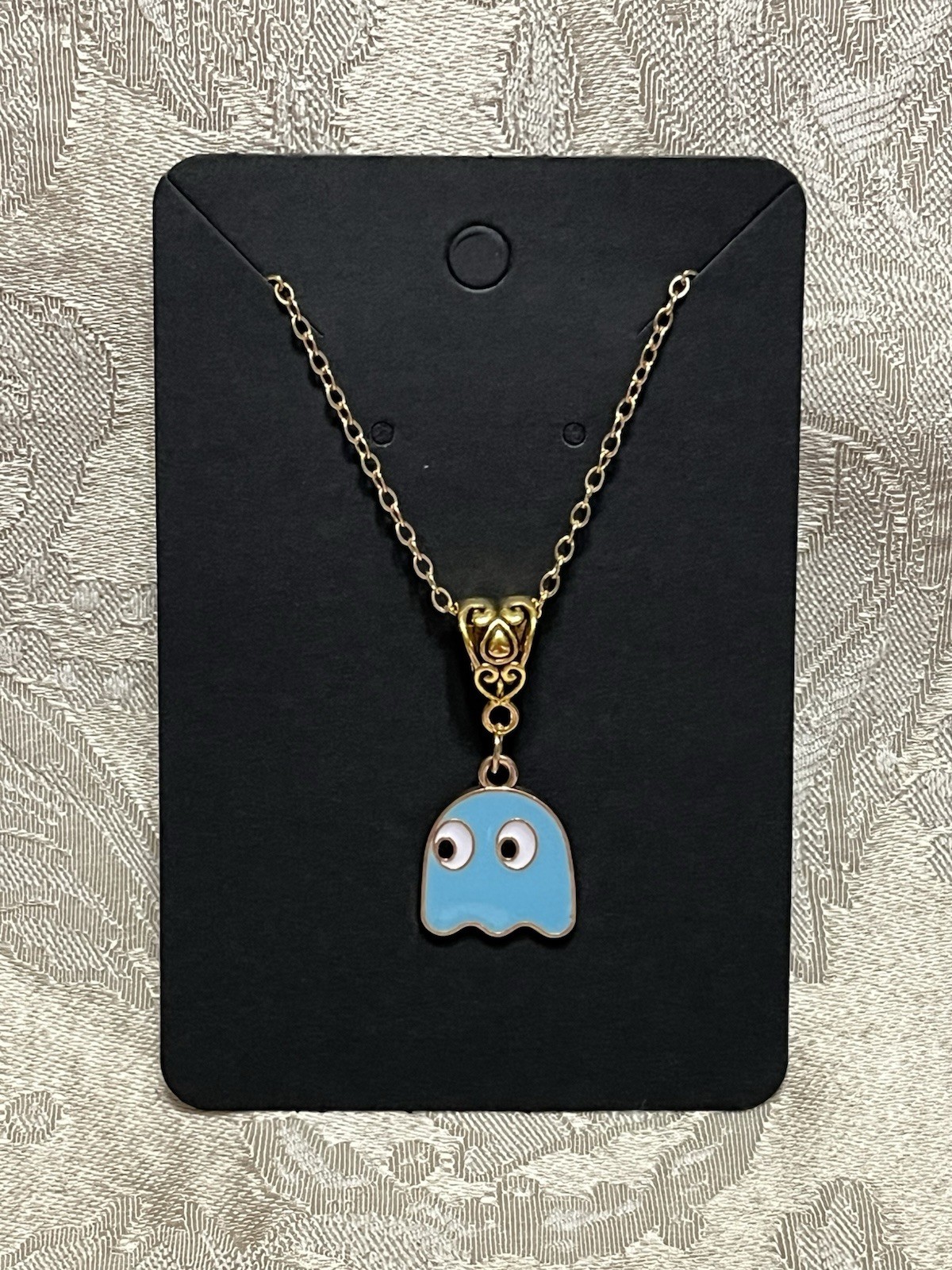 PAC Man INKY BLUE GHOST Gold Chain Fashion Cartoon Video Novelty 18” Necklace