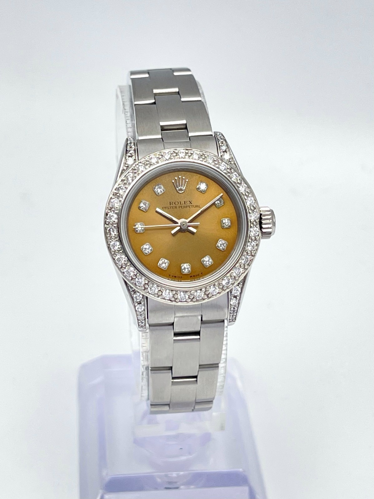 Rolex Oyster Perpetual 67180 24mm Salmon Dial Diamond Bezel Diamond Lugs Box