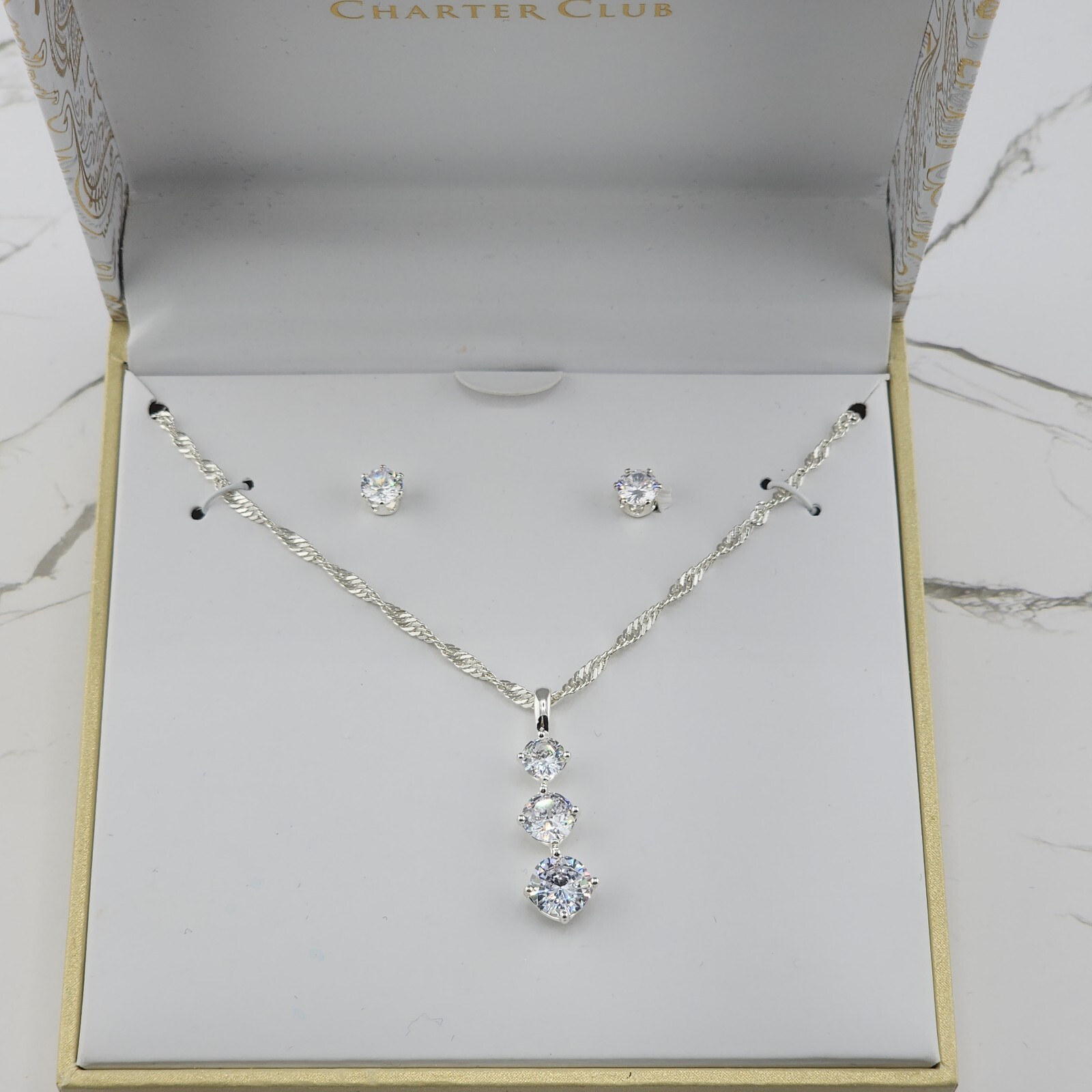 Charter Club Silver-Tone 3 Stone Crystal Pendant Necklace & Stud Earrings 18″