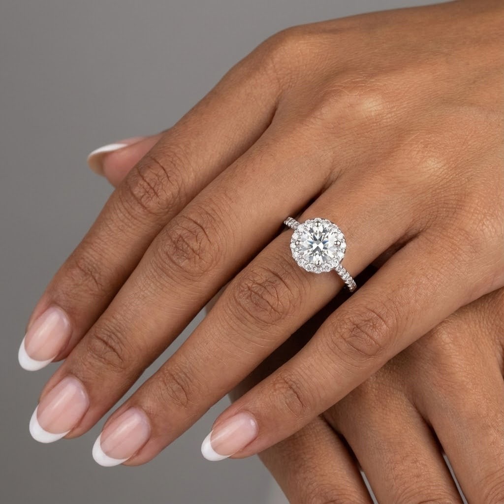 Side Stone Engagement Ring Halo 18K Gold 2 Carat Round Lab-Grown Diamond D SI1
