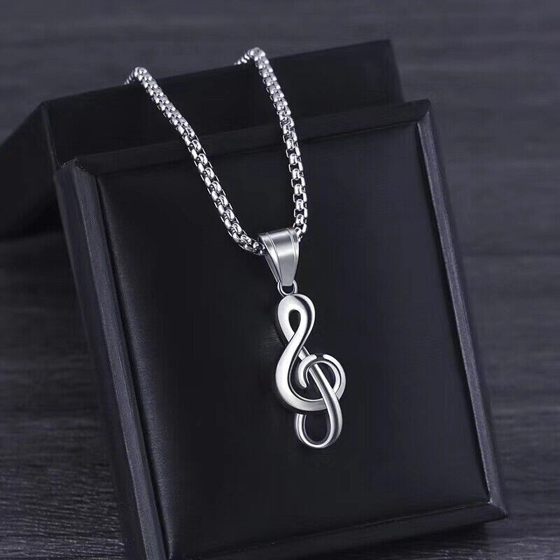 Silver Music Note G Treble Clef Pendant Necklace with Chain 24″ Mens Womens