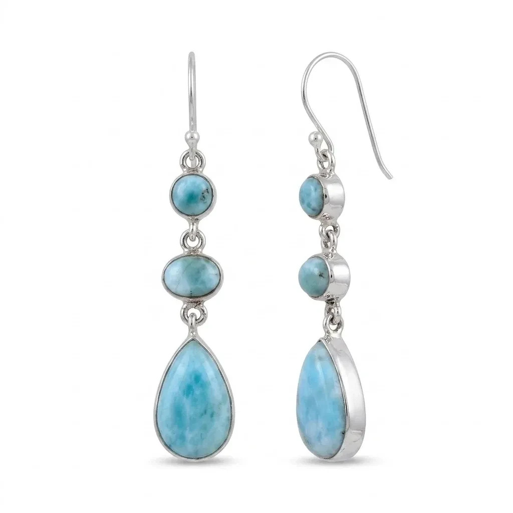 Natural Larimar Drop Dangle Earrings Pear Shape Blue Gemstone Jewelry For Women