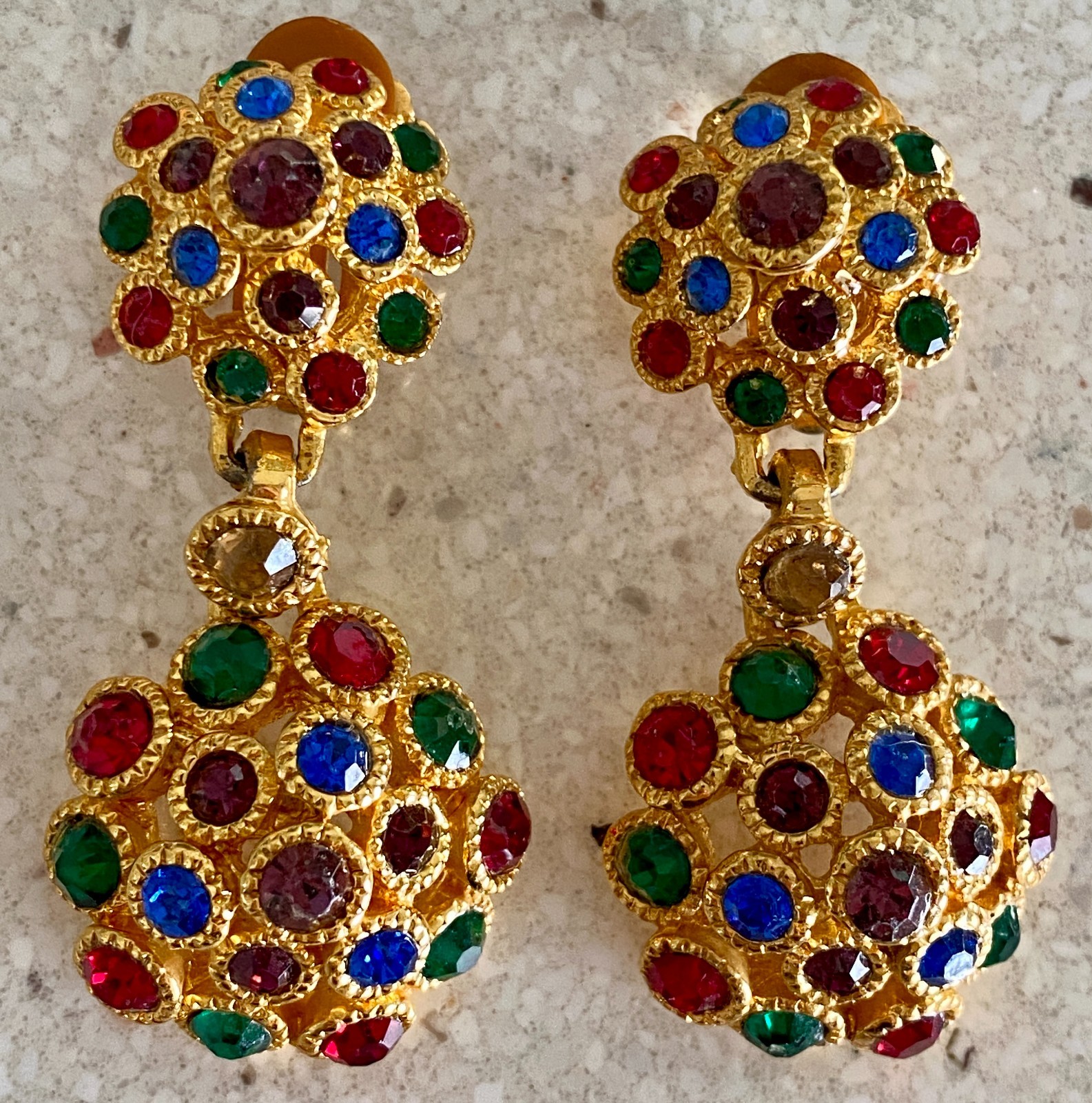 Vintage Statement Dangle Earrings Gold Tone Multicolor Jewel Rhinestone Cluster