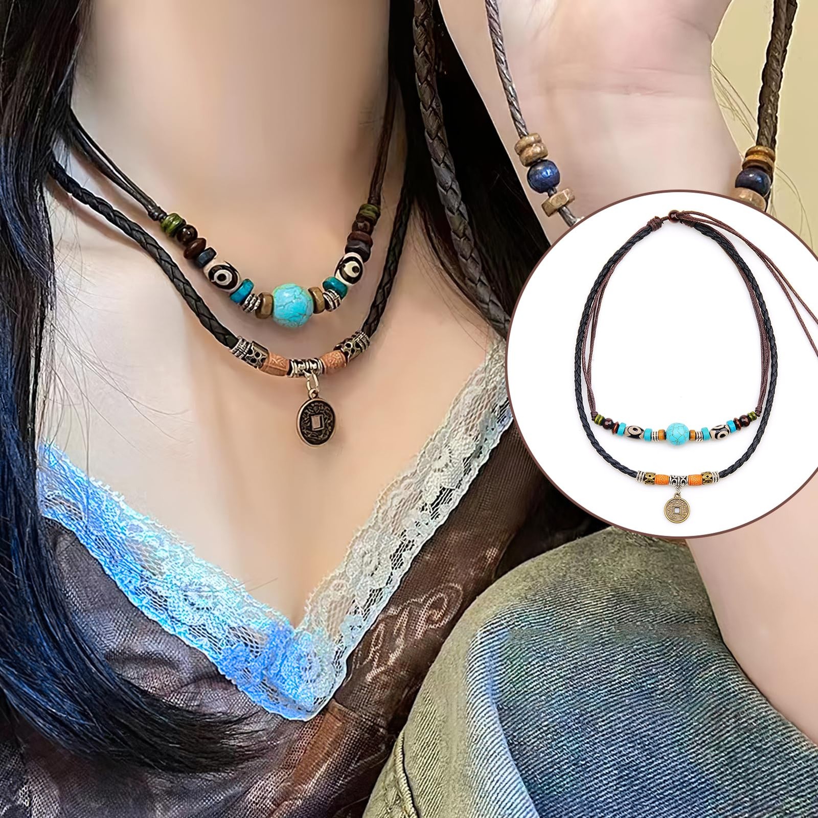 Boho Necklaces for Women,Western Layered Wood Beads Choker Necklaces,Vintage …