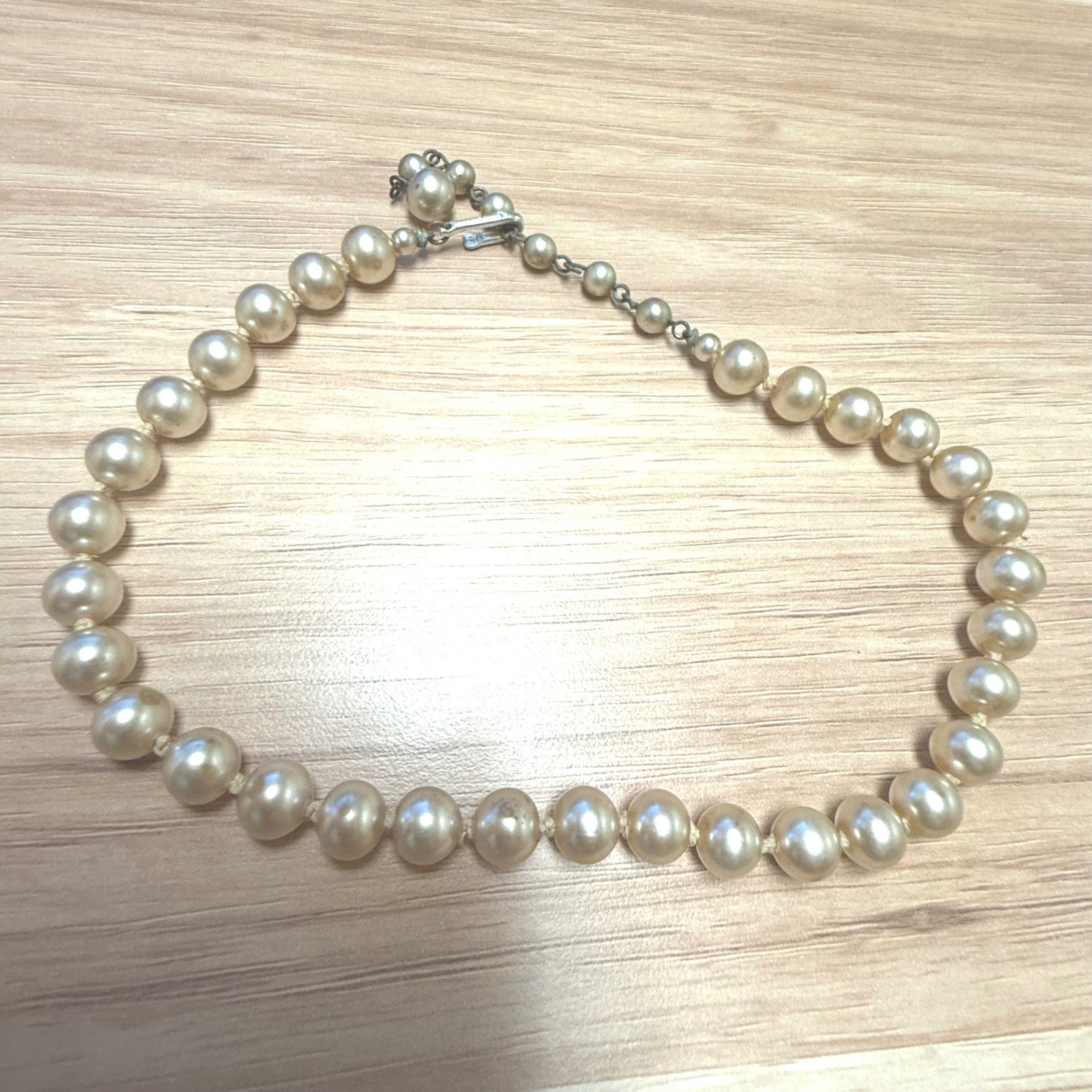 Vintage Japan Graduated Faux Pearl Necklace Hand Knotted Cream 16 Inch J-Hook