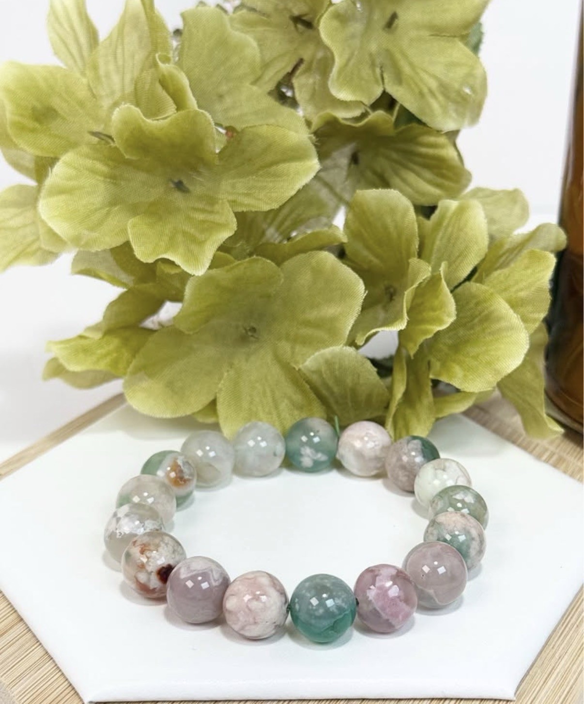 Flower Agate Green Bead Bracelet 12MM Item A