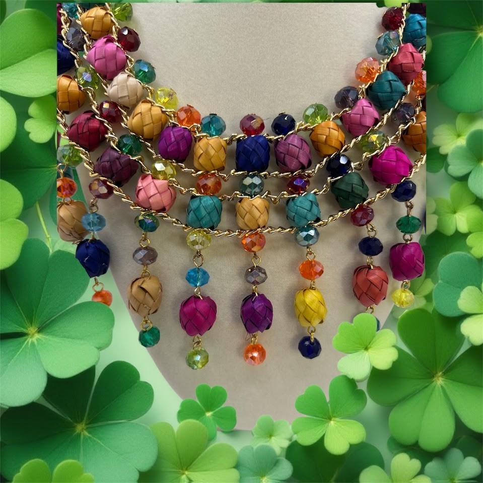 Multicolor Palm Barrel Bead Bib Statement Necklace with Gold-Tone Chain