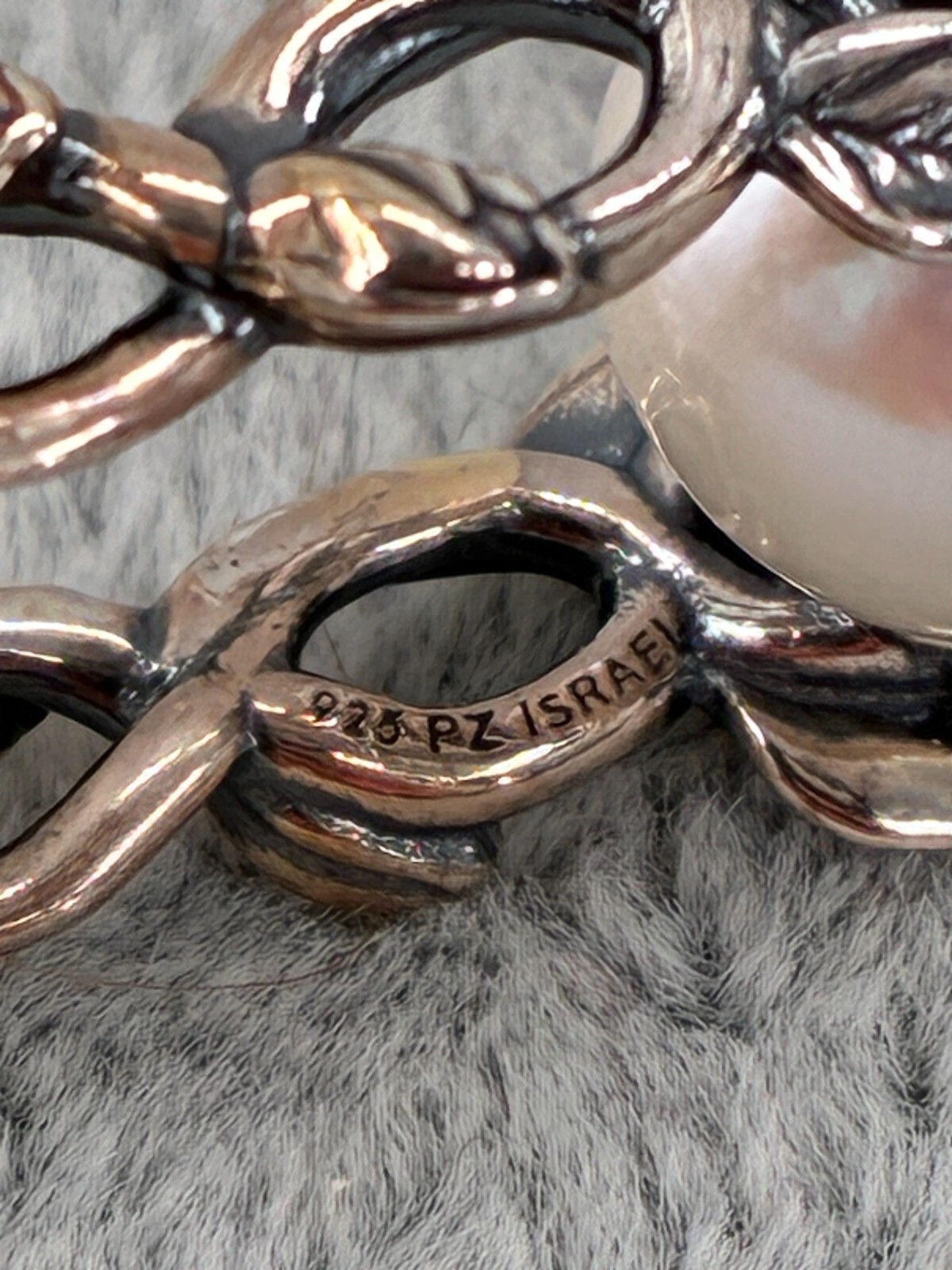 Or Paz White Cream Pearl Sterling Silver French Hook Floral Earrings Oxidized