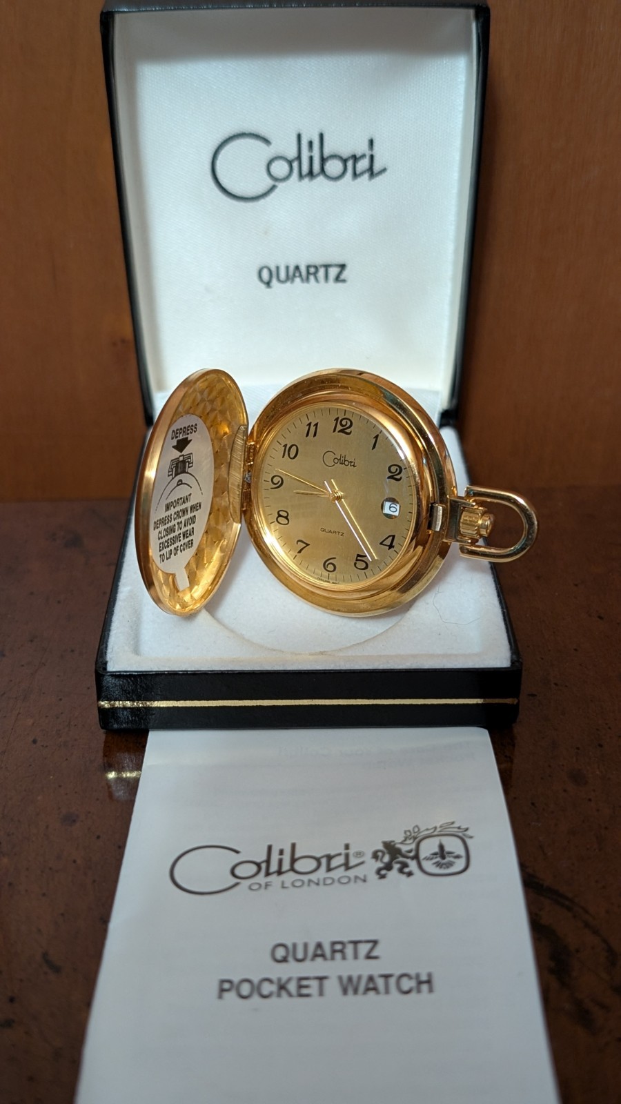 Vintage Colibri Gold Hunter Pocket Watch Date Window Champagne Dial NOS Full Box