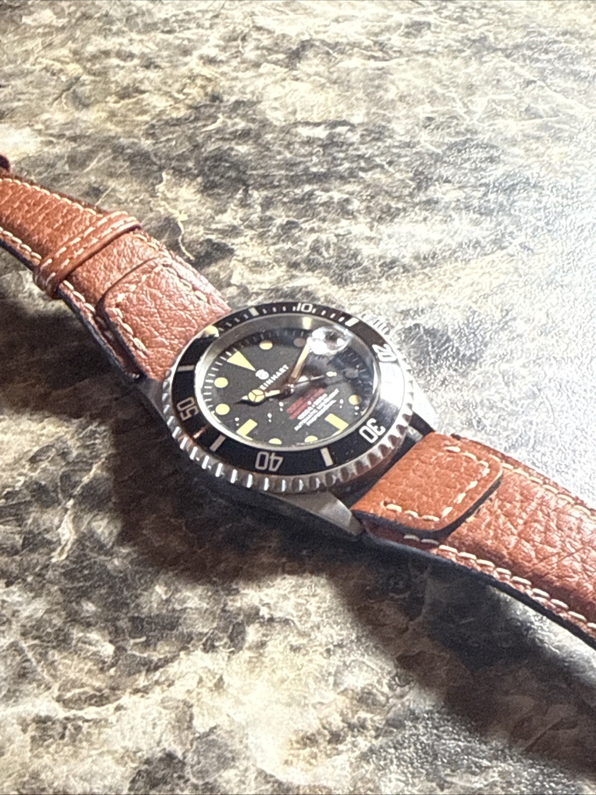 Steinhart Ocean One Vintage Automatic Diver Watch 39mm Black Dial Brown Strap