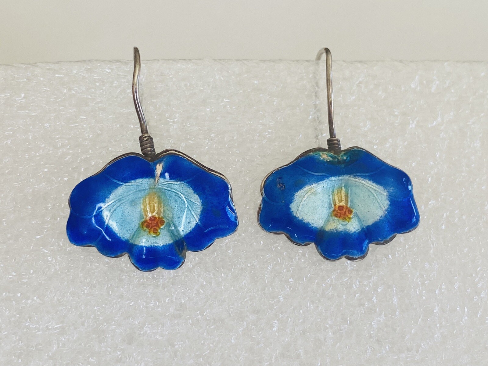 Antique Vintage Chinese Export Sterling Silver Blue Enamel Dangle Earrings