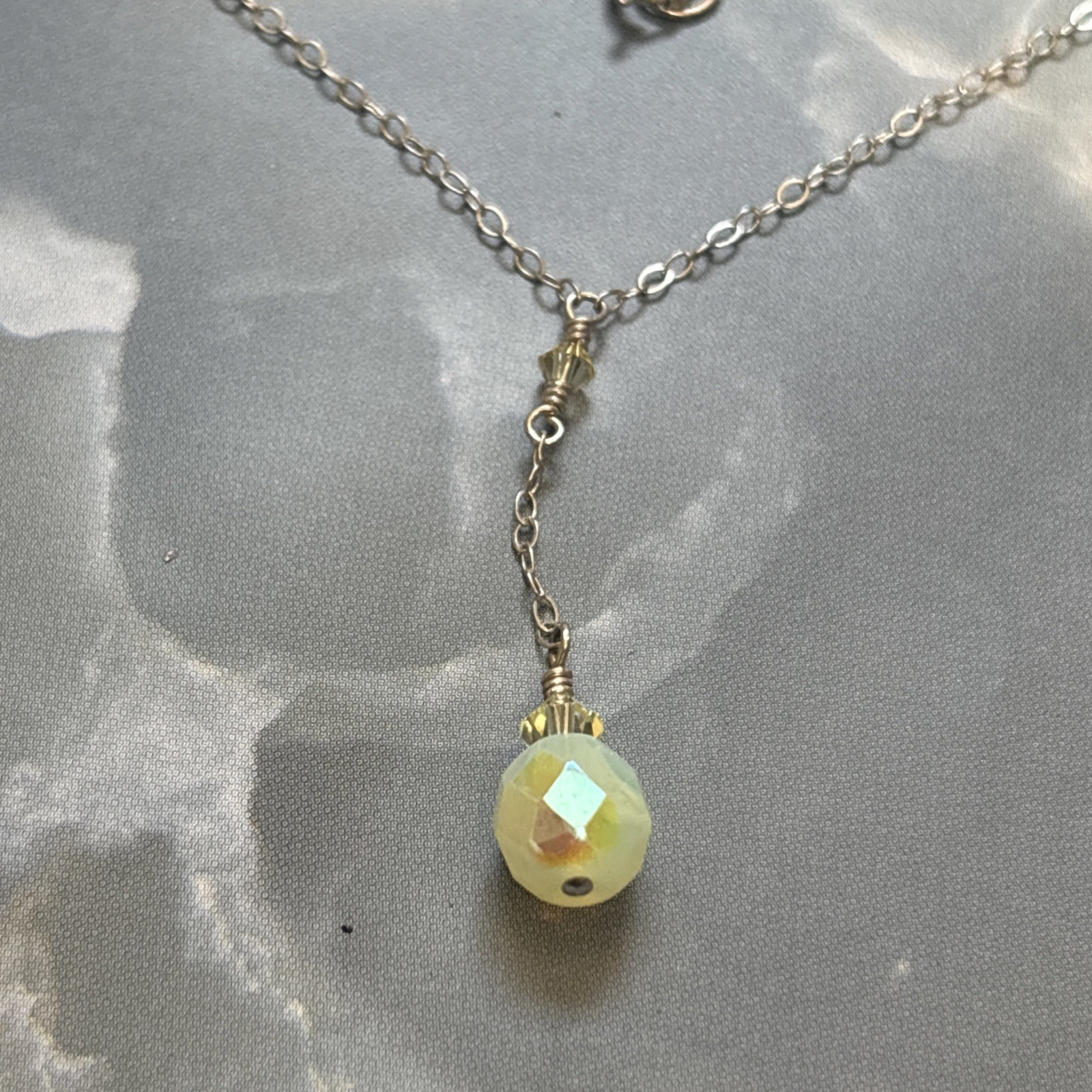 Sterling Silver 925 Y Drop Lariat Necklace Yellow AB Faceted Crystal Pendant