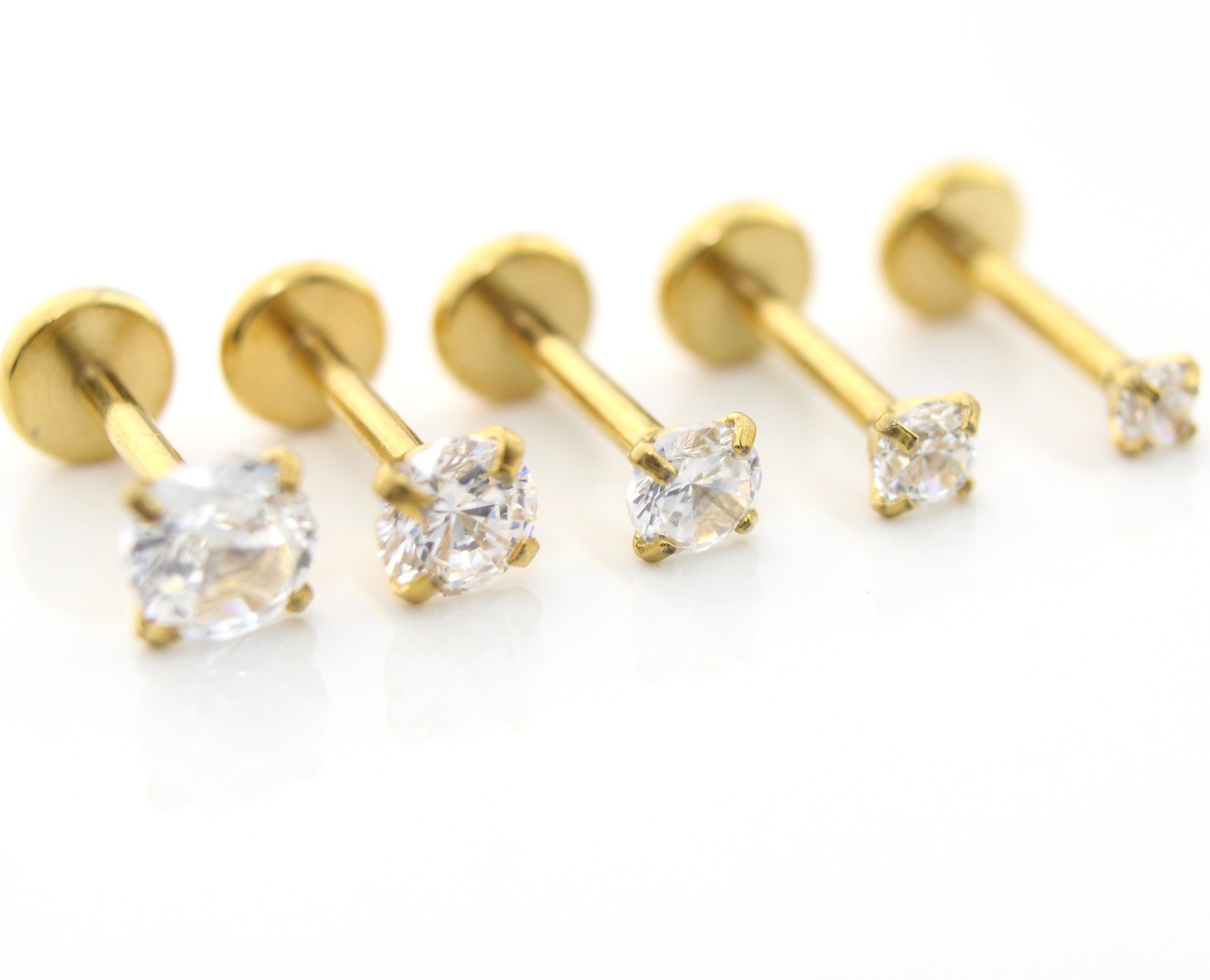 Gold PVD Threadless Flat Back Stud Earring-Cartilage Nose Ring-Tragus Piercing