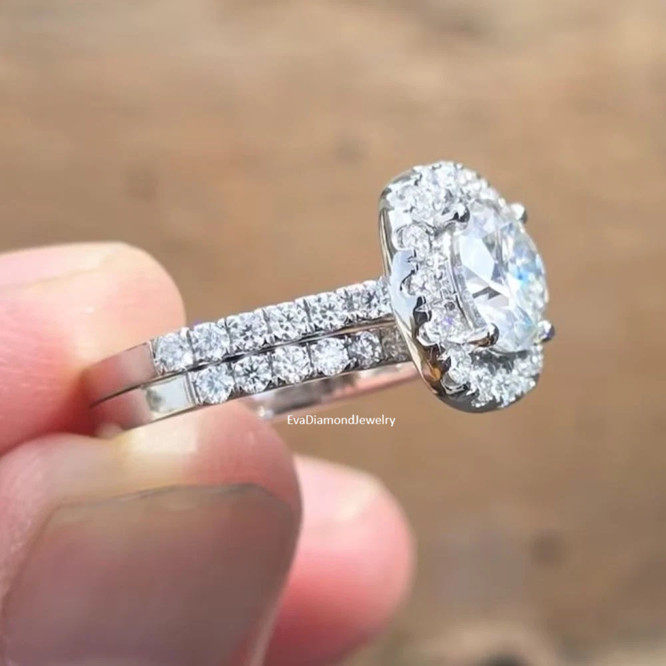 2CTW Round Cut Moissanite Engagement Halo Bridal Set Ring 14k White Gold Plated