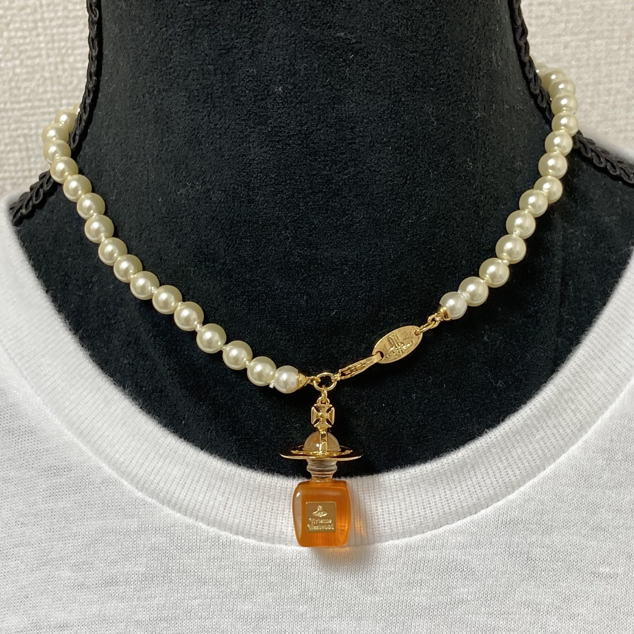Vivienne Westwood Necklace Pearl Perfume Bottle Choker Gold Orange NO BOX