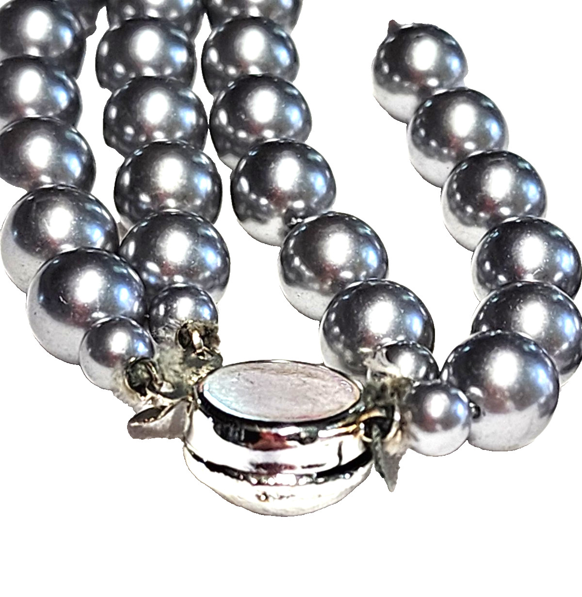 Vintage Silver Gray Long Faux Glass Pearl Necklace Pretty Push Lock Clasp 22”
