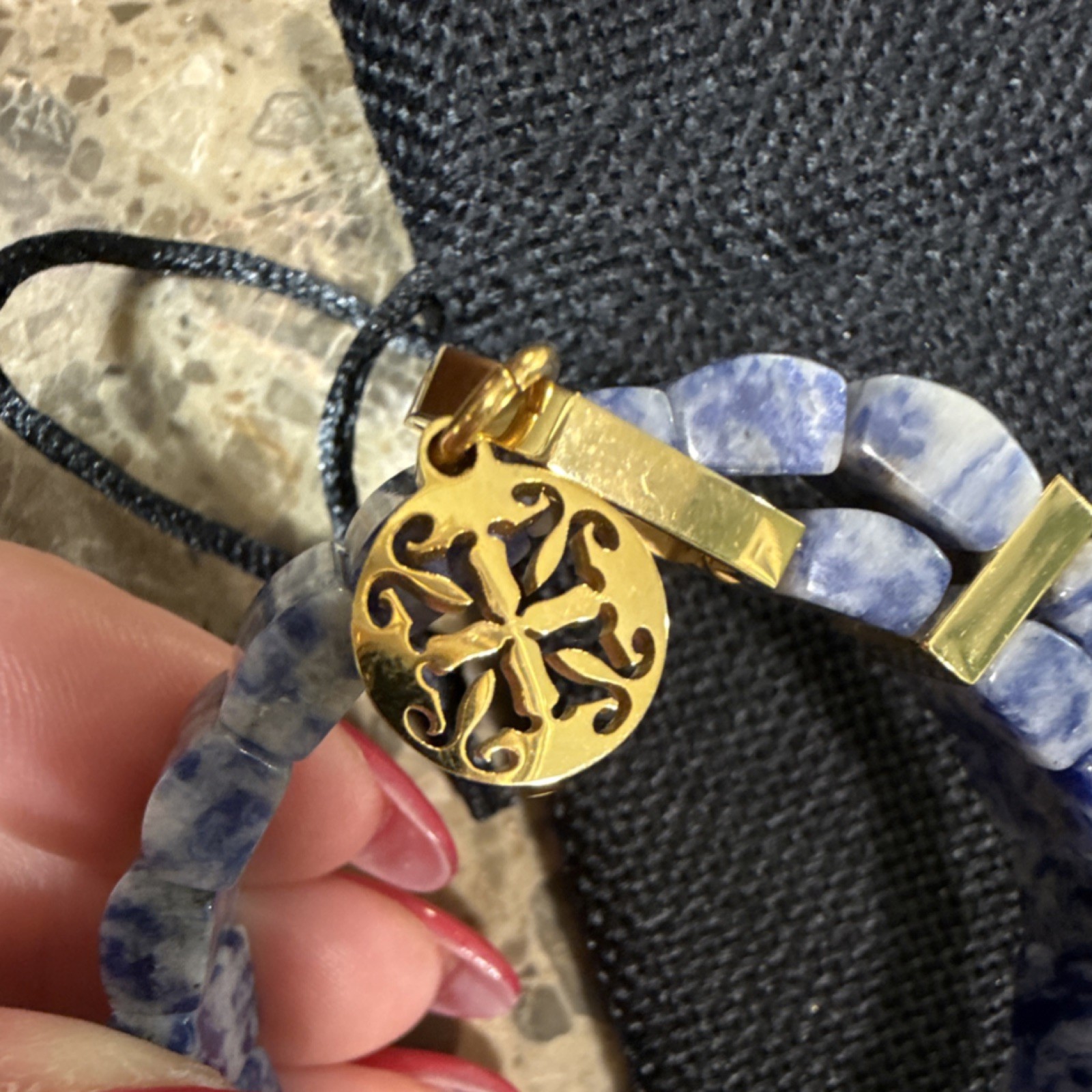 Rustic Cuff Blue Stone Beaded Bracelet Gold Dangle Charm Round 7″
