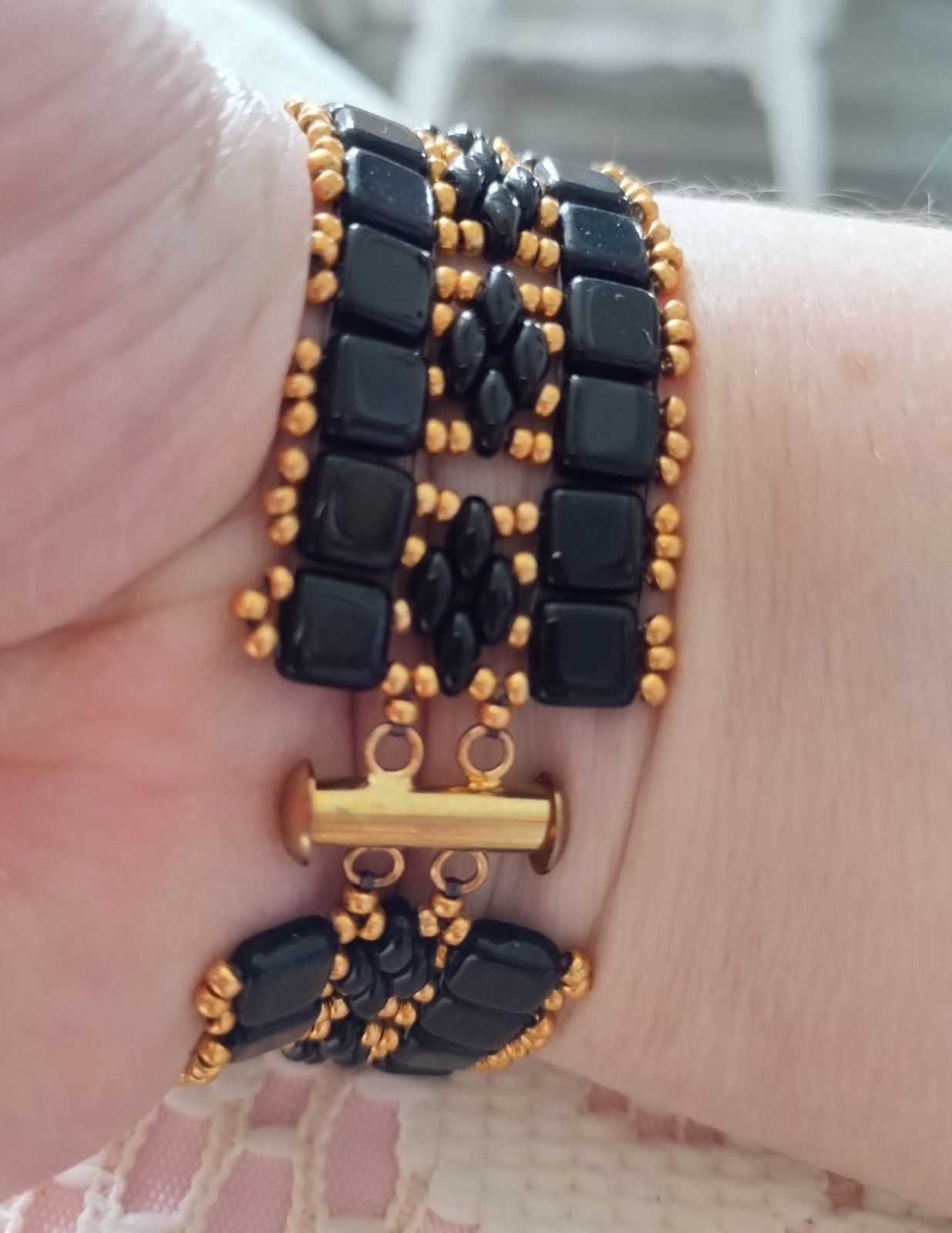 Black and Gold Colored Beaded Bracelet for Women Fashion Jewelry 7.2 In Long