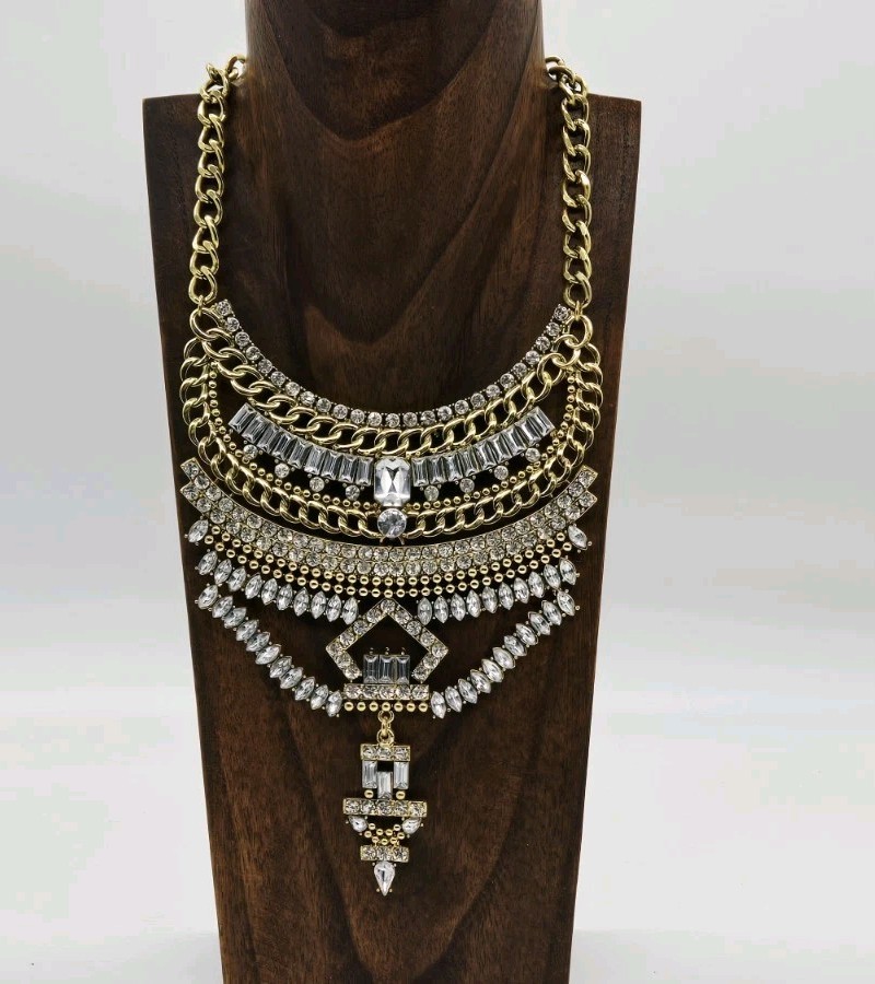 Geometric Bib Necklace White Crystal Rhinestone Dangle Gold tone Couture 15 in