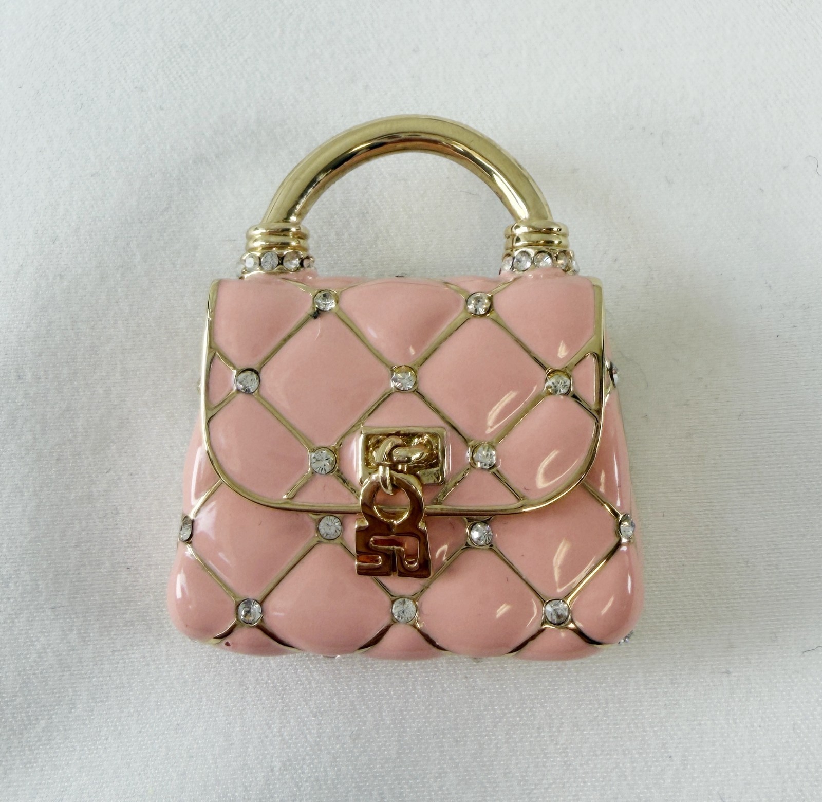 NEW ST. JOHN Handbag Mini Brooch Pin Pink Enamel Crystals 24KGP Logo Enhancer