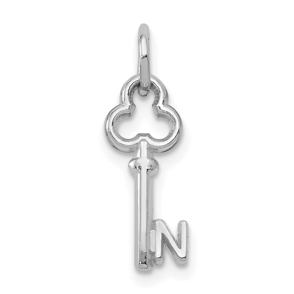 14K White Gold Key Letter N Initial Fancy Charm Pendant L-15.53mm, W-6.88mm