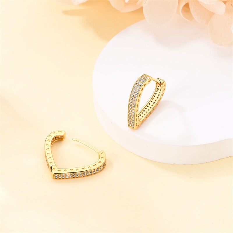 KUNSIR Women 925 Sterling Silver Gold Heart Shape Huggie Hoop Earrings Full CZ