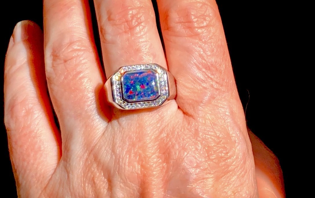 Heavy SS 10 SOLID Natural Australian Black Red Opal Men’s ring Signet SEE VIDEO