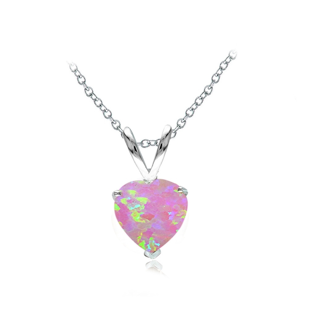 Sterling Silver Created Pink Opal 7mm Heart Solitaire Necklace