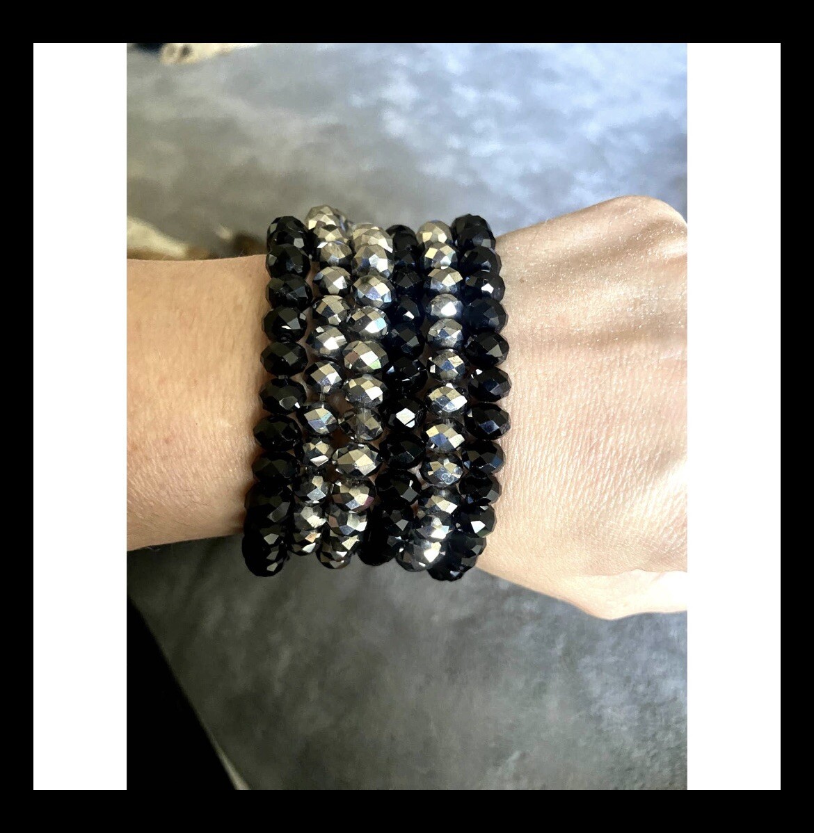 Set of 6 Stretch to Fit Bracelets with Faceted Black and Silver Glass Beads