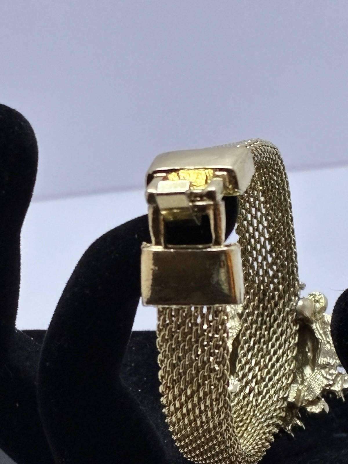 Vintage Signed Florenza Gold Mesh 7″ Fold-Over Clasp Bracelet Rhinestone As-Is R