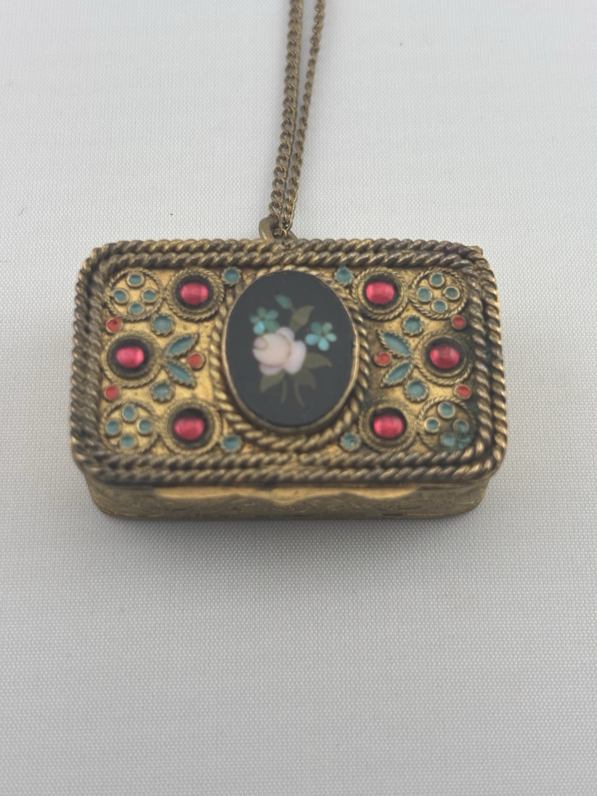 Antique 1900s Victorian Bronze Czech Glass Brass Compact Box Pendant With Chain