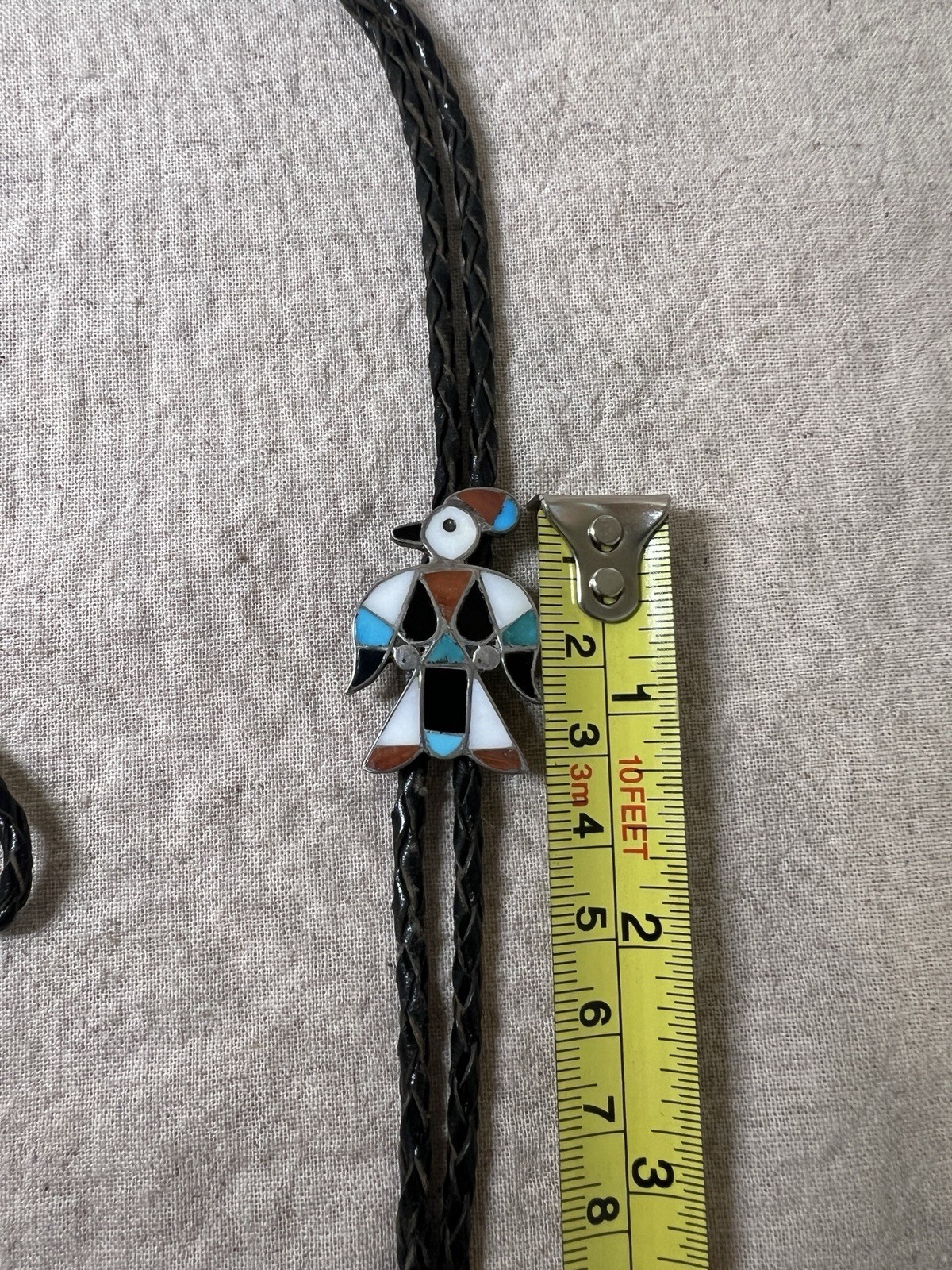Vintage Circa 1950 Zuni Sterling Silver Mosaic Inlay Thunderbird Bolo Tie