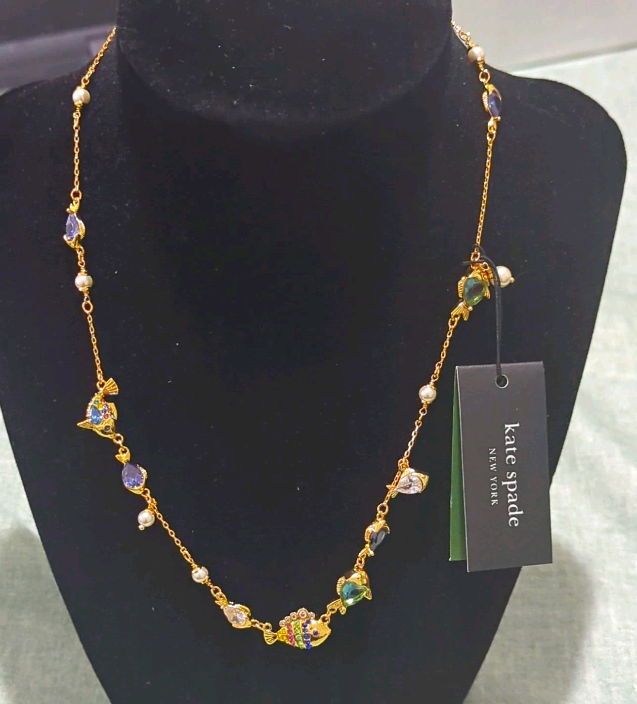 Kate Spade New York Gold Tone Fish Charm Necklace Crystal/Pearl Adjustable