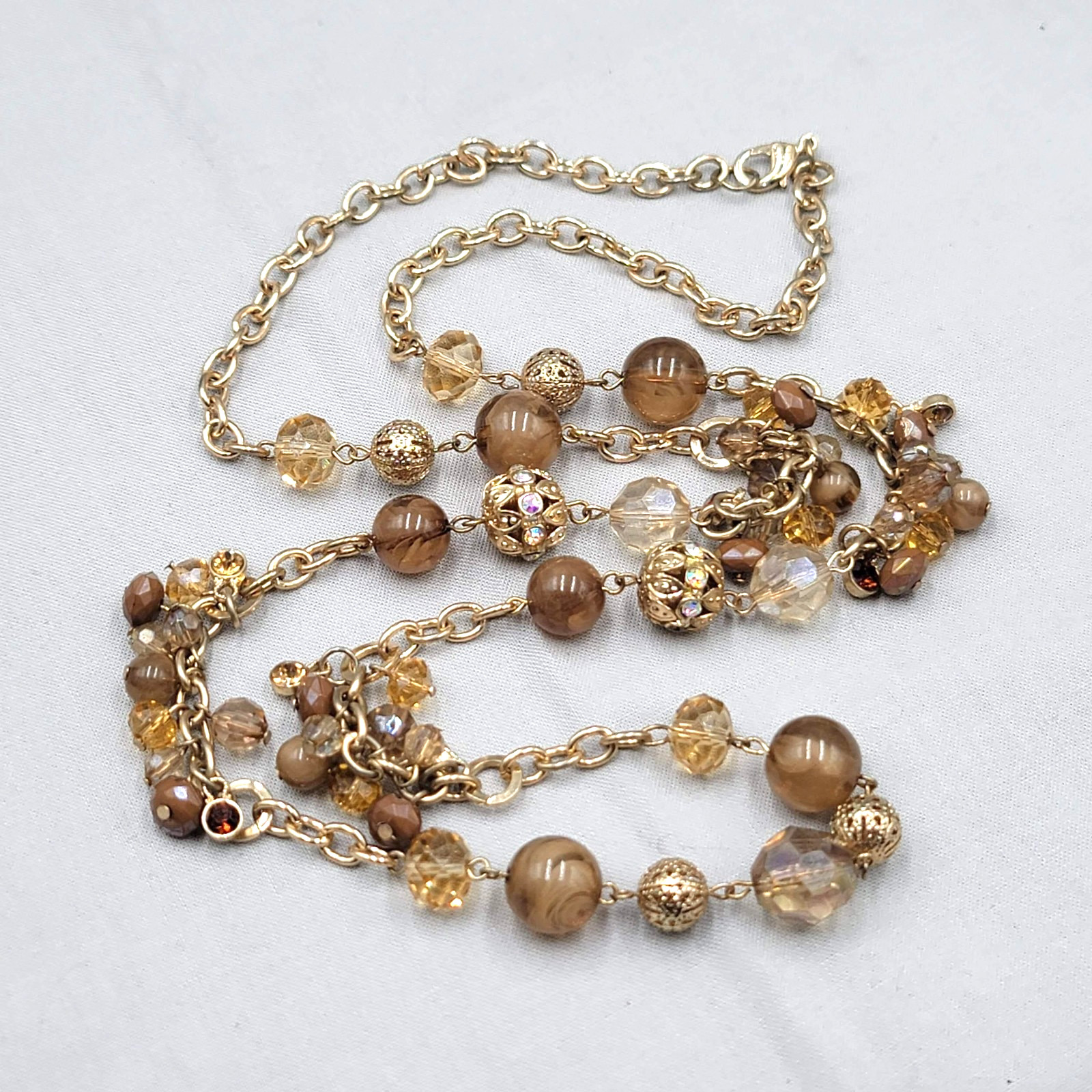Gold Tone Beaded Station Necklace 36 in Brown Glass Filigree Beads Chain Womens