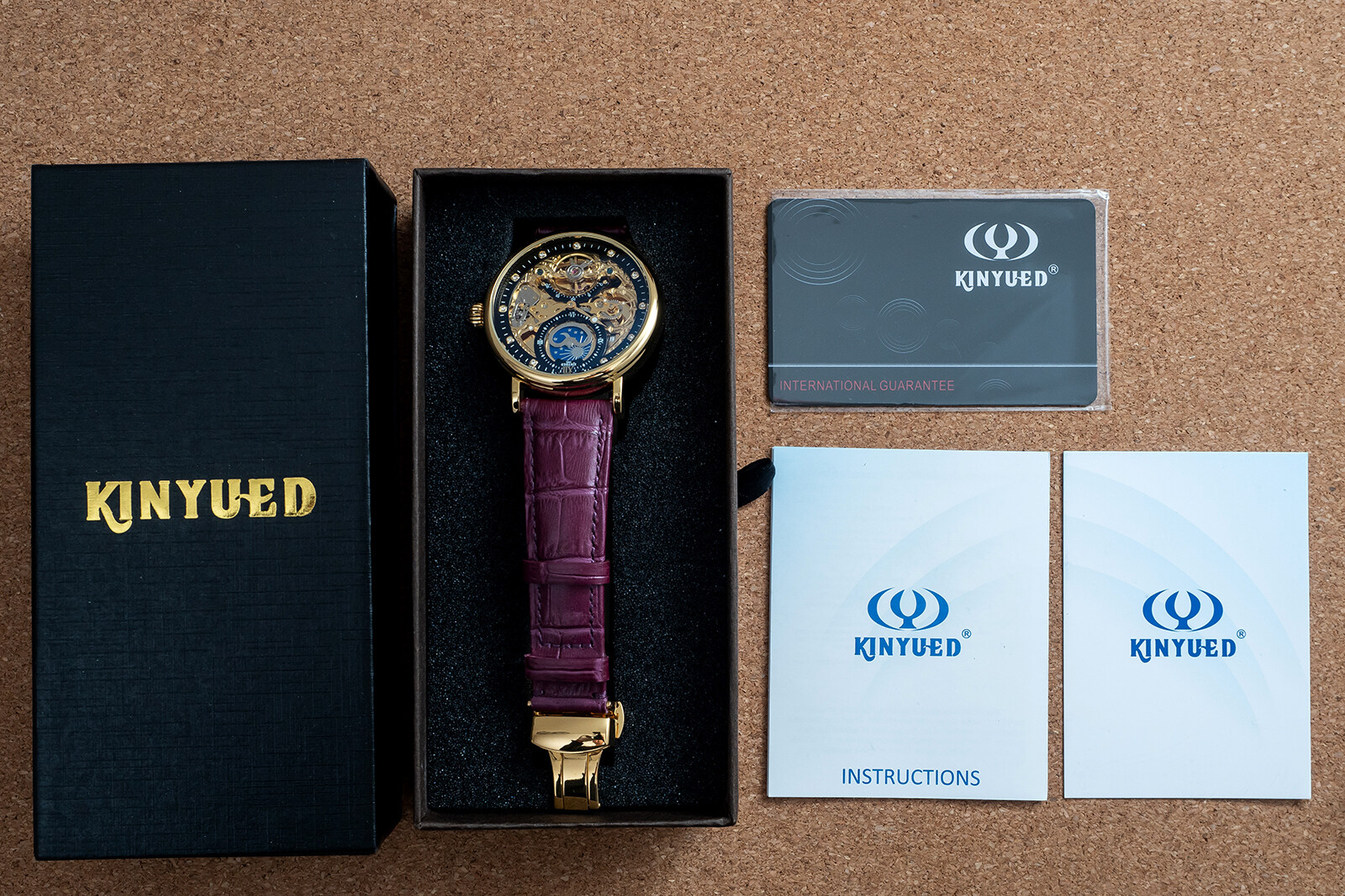 Mens Gold Dual Time Flywheel Automatic Mechanical Watch Black Purple Leather