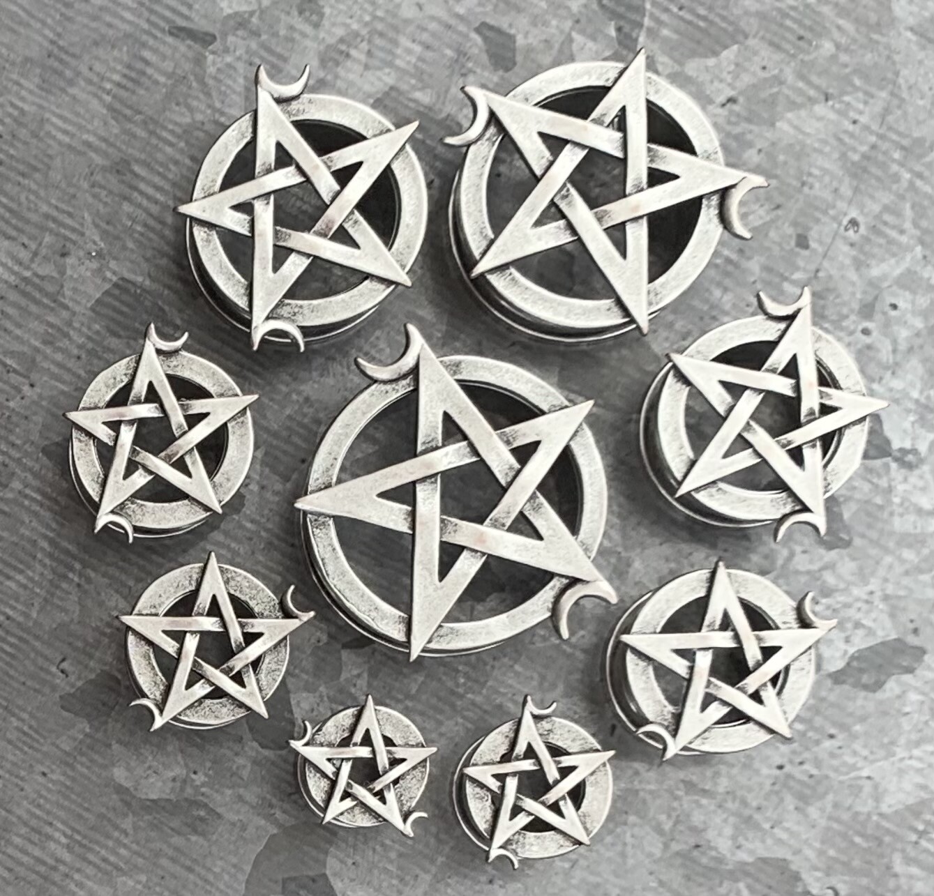 PAIR Pentagram Steel Screw Fit Tunnels Plugs Star Moon Wiccan Earlet Gauges