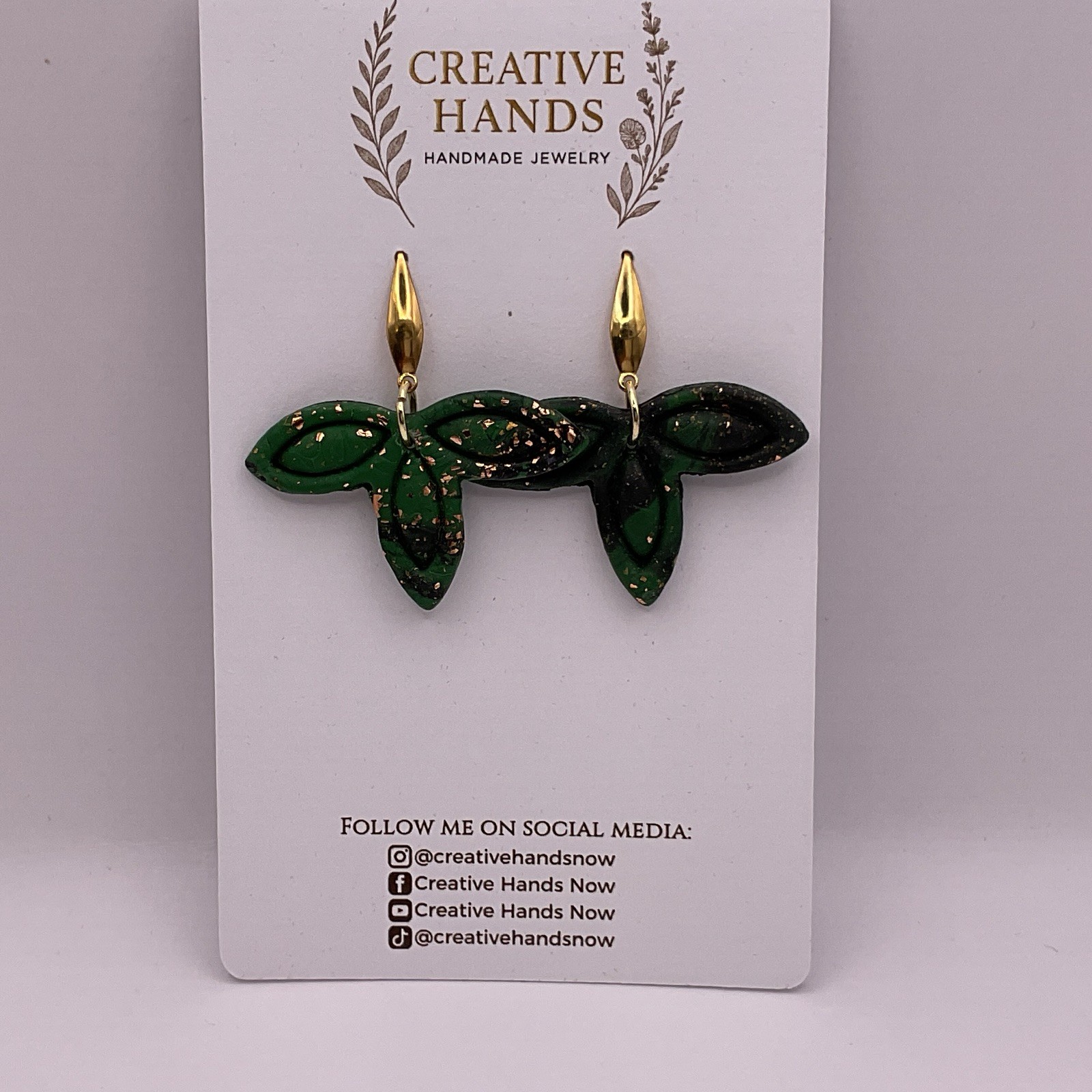 Handmade Green Leaf Earrings Copper Gold Flake Polymer Clay Nature Dangle.