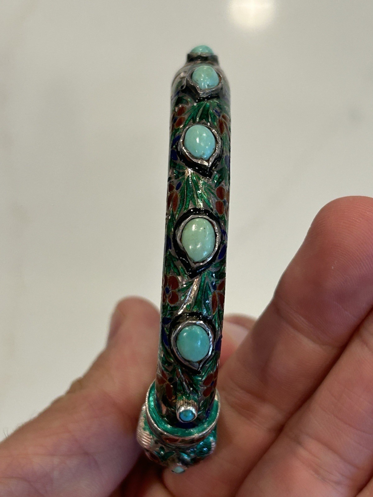 Vintage Indian Meenakari Sterling Enameled Elephant Head Bangle Turquoise AS IS