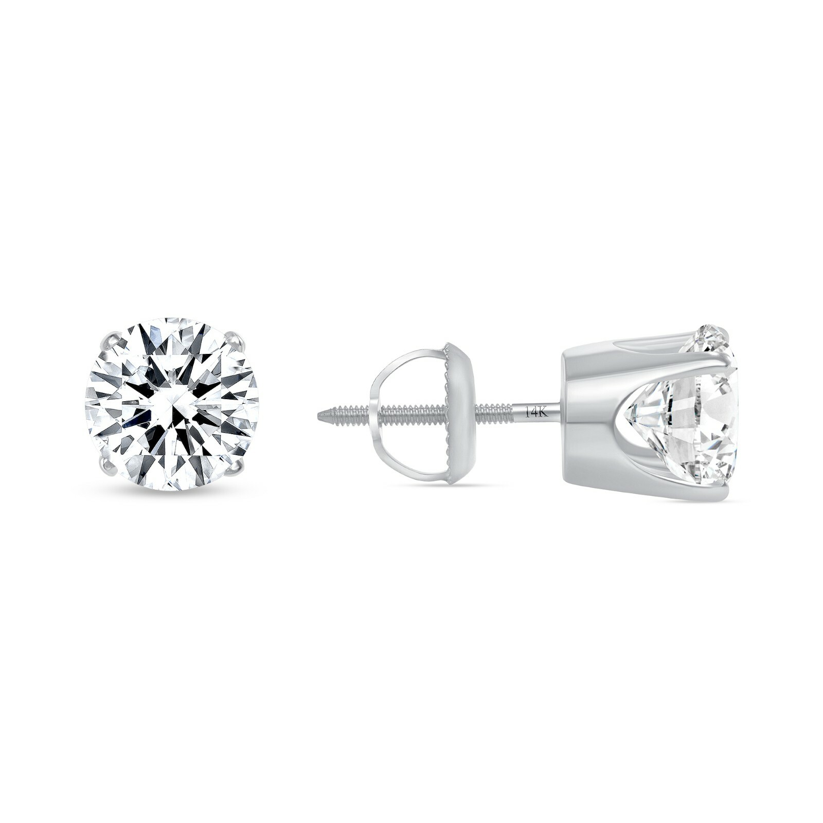 4.00 Ct Round Cut Earrings Crown Set Studs Real Solid 14K White Gold Screw Back