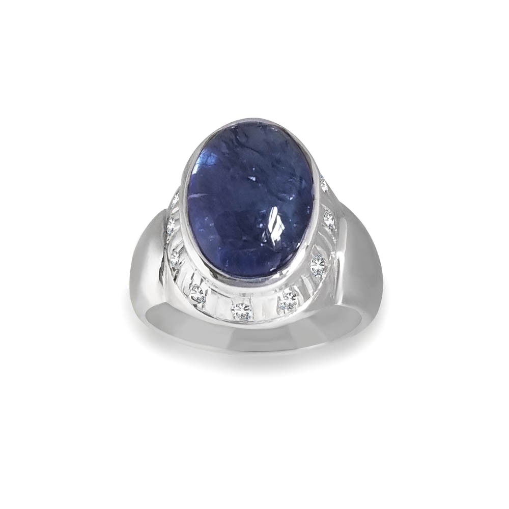 7.71 ctw Natural Tanzanite Cabochon & Diamond Oval cut Sterling Silver Ring
