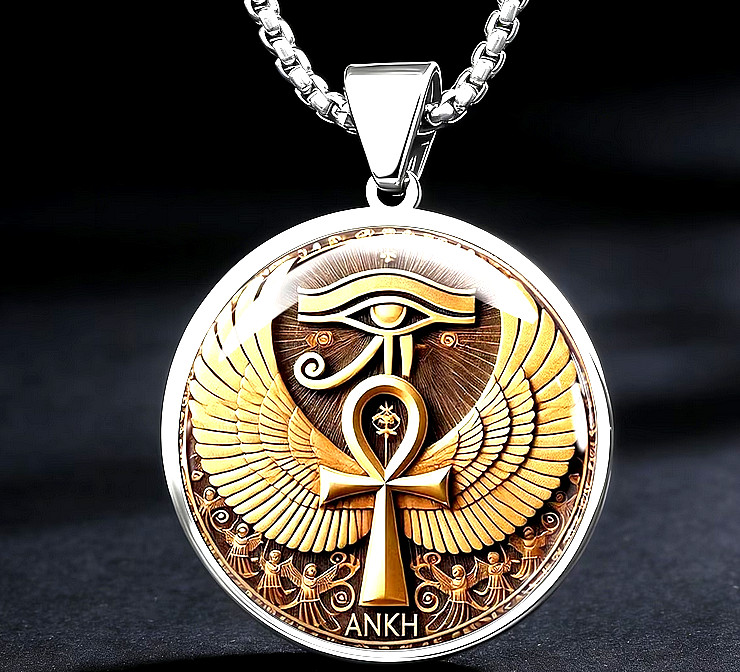 Men’s 316 Stainless Steel Ankh Necklace, Ancient Egyptian Horus Eye