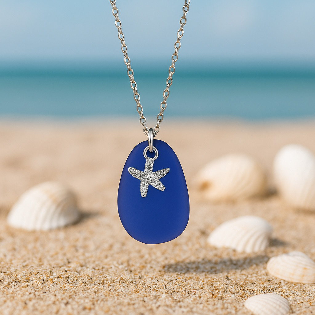 Royal Blue Sea Glass Starfish Pendant Necklace – Ocean Beach Jewelry Gift