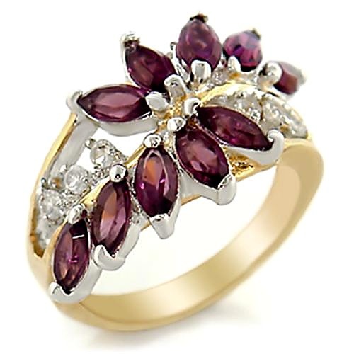 Women’s Floral Cluster Ring, Amethyst CZ, 14K Gold & Rhodium Plated, Brass