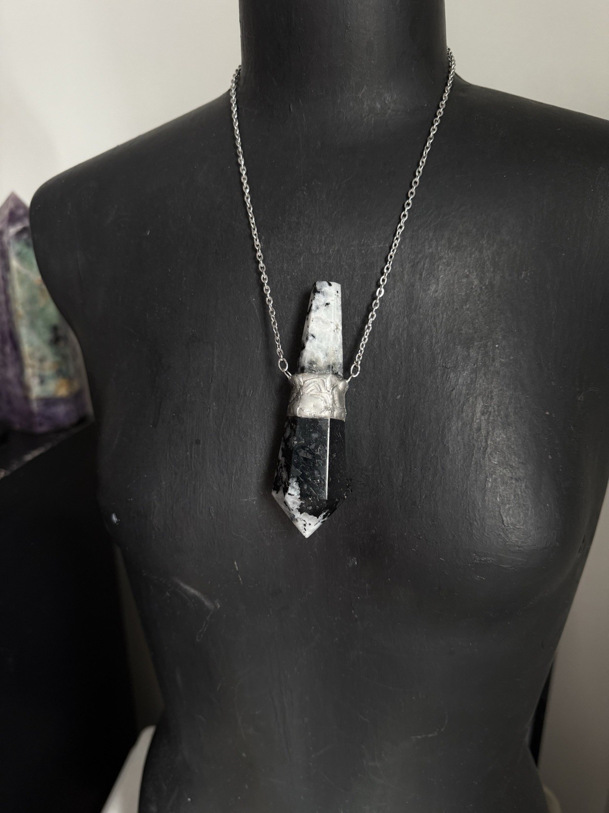 Moonstone black tourmaline crystal necklace pendant talisman statement jewelry