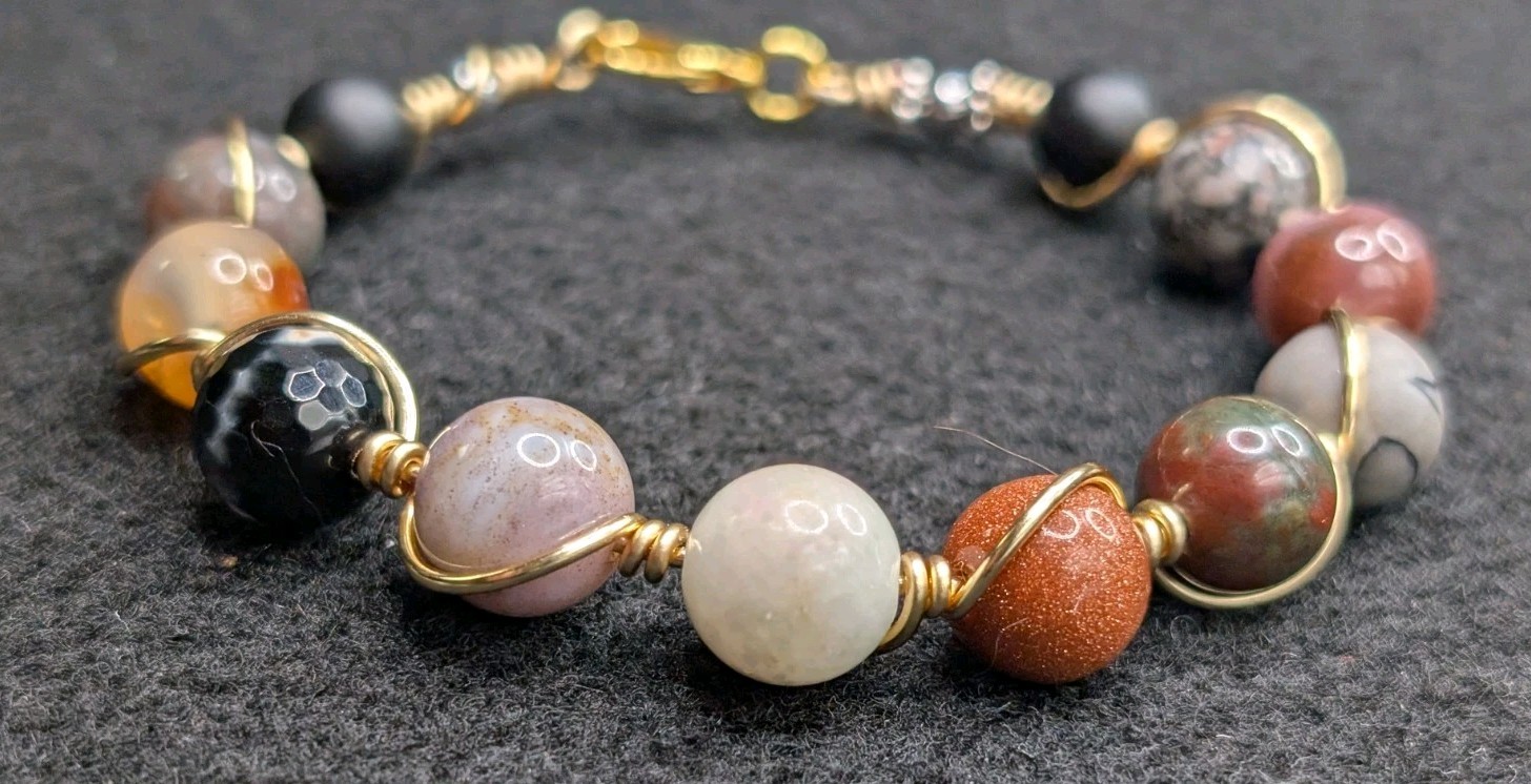 Women’s Fall Boho Gemstone 10mm Beaded Copper Wire Bracelet (16cm) Small Wrist