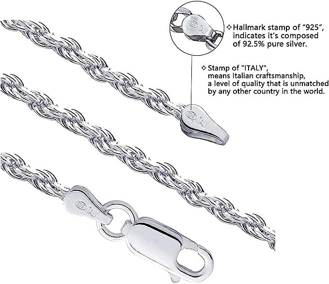 925 Solid Sterling Silver 2.5MM Diamond Cut Rope Chain Bracelet For Men & Women