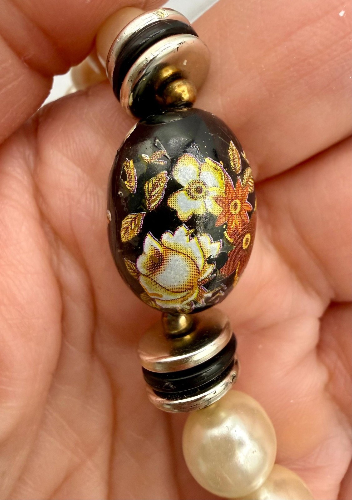 Vintage Faux Pearl Necklace, Black Floral Cloisonné Style Beads, 1980s Statement